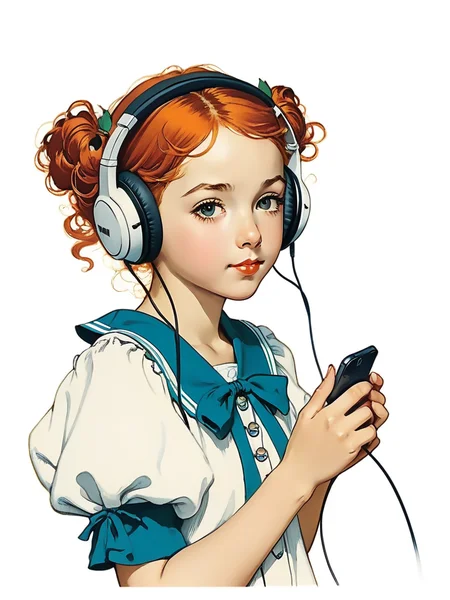 <lora:04Vintageillustration_Hap_XL:1>,Norman Rockwell style anime girl with earphones