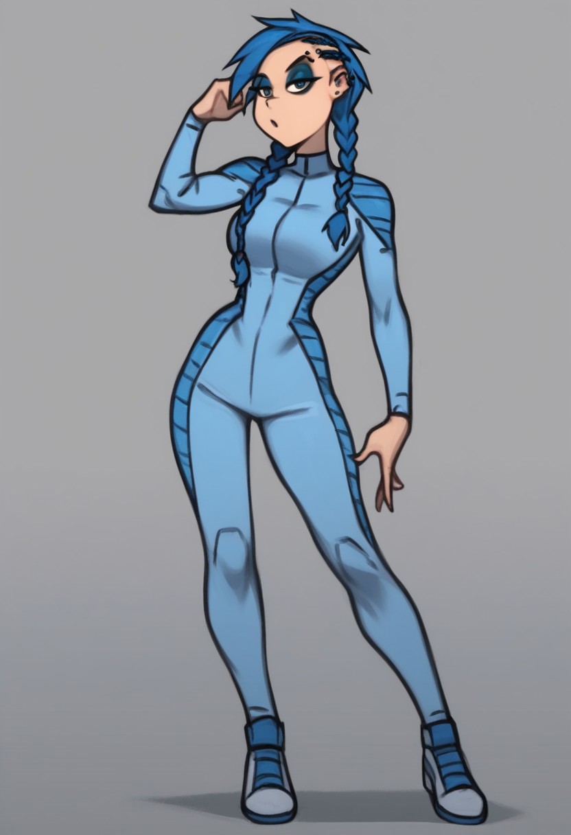 score_9, score_8_up, score_7_up, anna, 
solo,1girl ,breasts, braid, blue hair, long hair, braid,great shading,,open eyes, eyeshadow, blue eyeshadow,makeup,, eyebrow piercing, piercing, 
blue motosuit, 
standing pose, looking at viewer, full body
gray background,