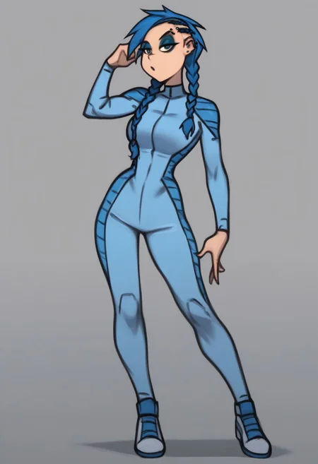 score_9, score_8_up, score_7_up, anna,
solo,1girl ,breasts, braid, blue hair, long hair, braid,great shading,,open eyes, eyeshadow, blue eyeshadow,makeup,, eyebrow piercing, piercing,
blue motosuit,
standing pose, looking at viewer, full body
gray background,