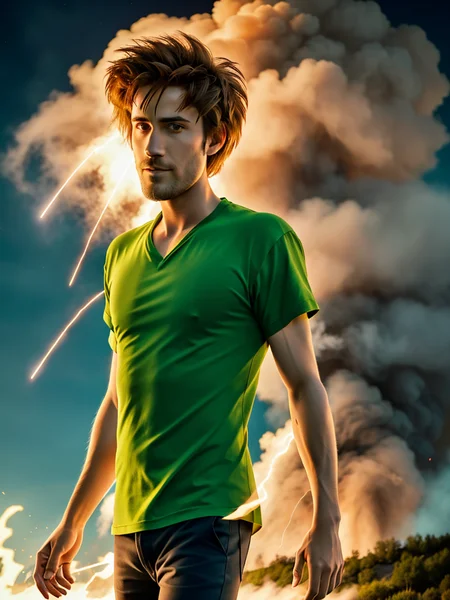 1boy, Shaggy, a man with green shirt, red eyes, spiky hair, brown pants, black shoes, ULTIMAXPOWER_mode, green ghoulish fire, blue shaggy ghost in the background , explosion in the background, masterpiece, highly detailed, 8K, stunning, hdr, (RAW photo:1.2), (photorealistic:1.2),(masterpiece:1.4), <lora:Shaggy-000012:1>