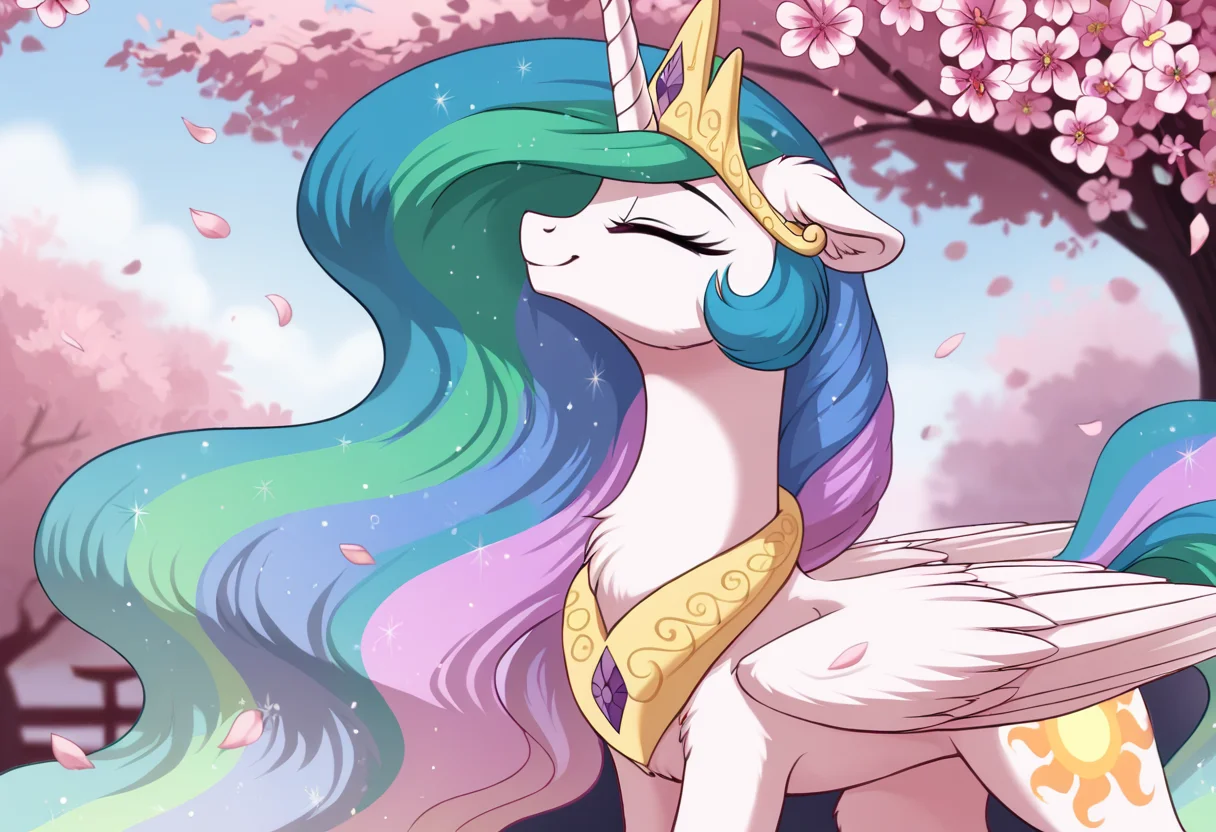 score_9, score_8_up, score_7_up, score_6_up, score_5_up, score_4_up, rating_safe, princess celestia, alicorn, female, mare, pony, solo, cherry blossoms, chest fluff, crown, cute, cutelestia, eyes closed, floppy ears, flower, flower in hair, flowing mane, fluffy, high res, jewelry, slender, sniffing, walking, wings, regalia, ear fluff, thin, concave belly, peytral, smiling, transparent mane, flower blossom, feathered wings, partially open wings, g4, detailed, beautiful, <lora:Wholesome-MLP-v1.3b:1>