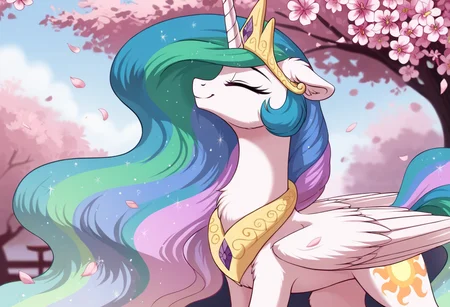 score_9, score_8_up, score_7_up, score_6_up, score_5_up, score_4_up, rating_safe, princess celestia, alicorn, female, mare, pony, solo, cherry blossoms, chest fluff, crown, cute, cutelestia, eyes closed, floppy ears, flower, flower in hair, flowing mane, fluffy, high res, jewelry, slender, sniffing, walking, wings, regalia, ear fluff, thin, concave belly, peytral, smiling, transparent mane, flower blossom, feathered wings, partially open wings, g4, detailed, beautiful, <lora:Wholesome-MLP-v1.3b:1>