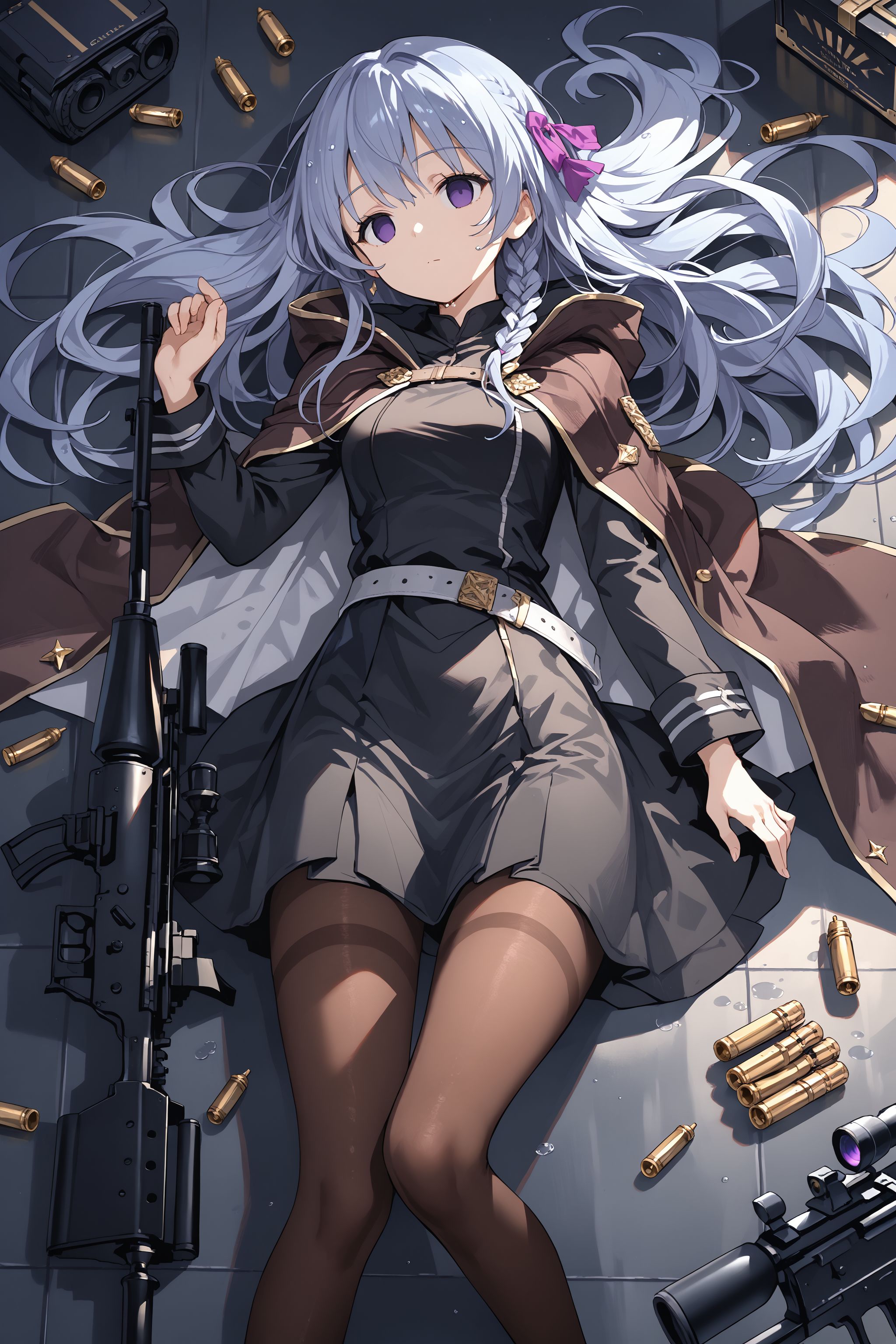 score_max, (score_9, score_8_up, score_7_up:1.2), score_6_up, official art, source_anime,
, masterpiece, absurdres, high detail, 8k,
from above, tiled floor, wet, sniper rifle,
on back, arms at side, dead, empty eyes, bullet hole on head,
, felicette, hair ribbon, purple ribbon, brown cape, black dress, long sleeves, belt, brown pantyhose, red tail
<lora:XL_Pony_game-marfushasg-felicette-t1:1>
