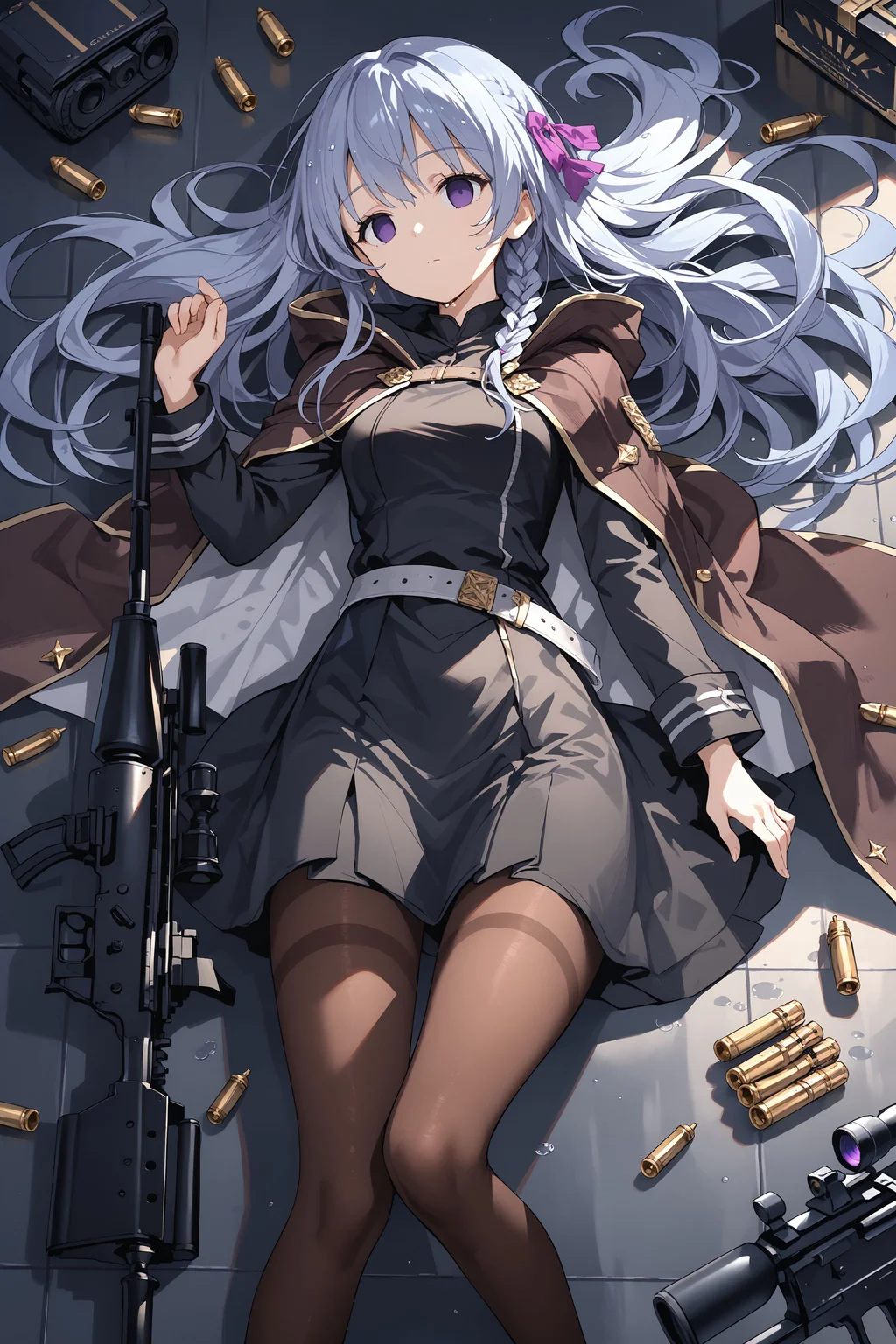 score_max, (score_9, score_8_up, score_7_up:1.2), score_6_up, official art, source_anime,
, masterpiece, absurdres, high detail, 8k,
from above, tiled floor, wet, sniper rifle,
on back, arms at side, dead, empty eyes, bullet hole on head,
, felicette, hair ribbon, purple ribbon, brown cape, black dress, long sleeves, belt, brown pantyhose, red tail
<lora:XL_Pony_game-marfushasg-felicette-t1:1>