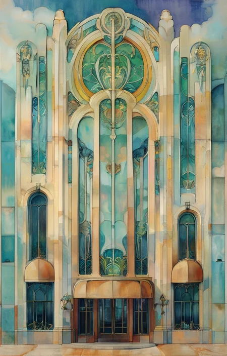 masterpiece,best quality,<lora:tbh309-sdxl:0.9>,illustration,designed by Victor Horta, Art Deco hotel facade in Miami Beach, featuring pastel colors and streamlined forms