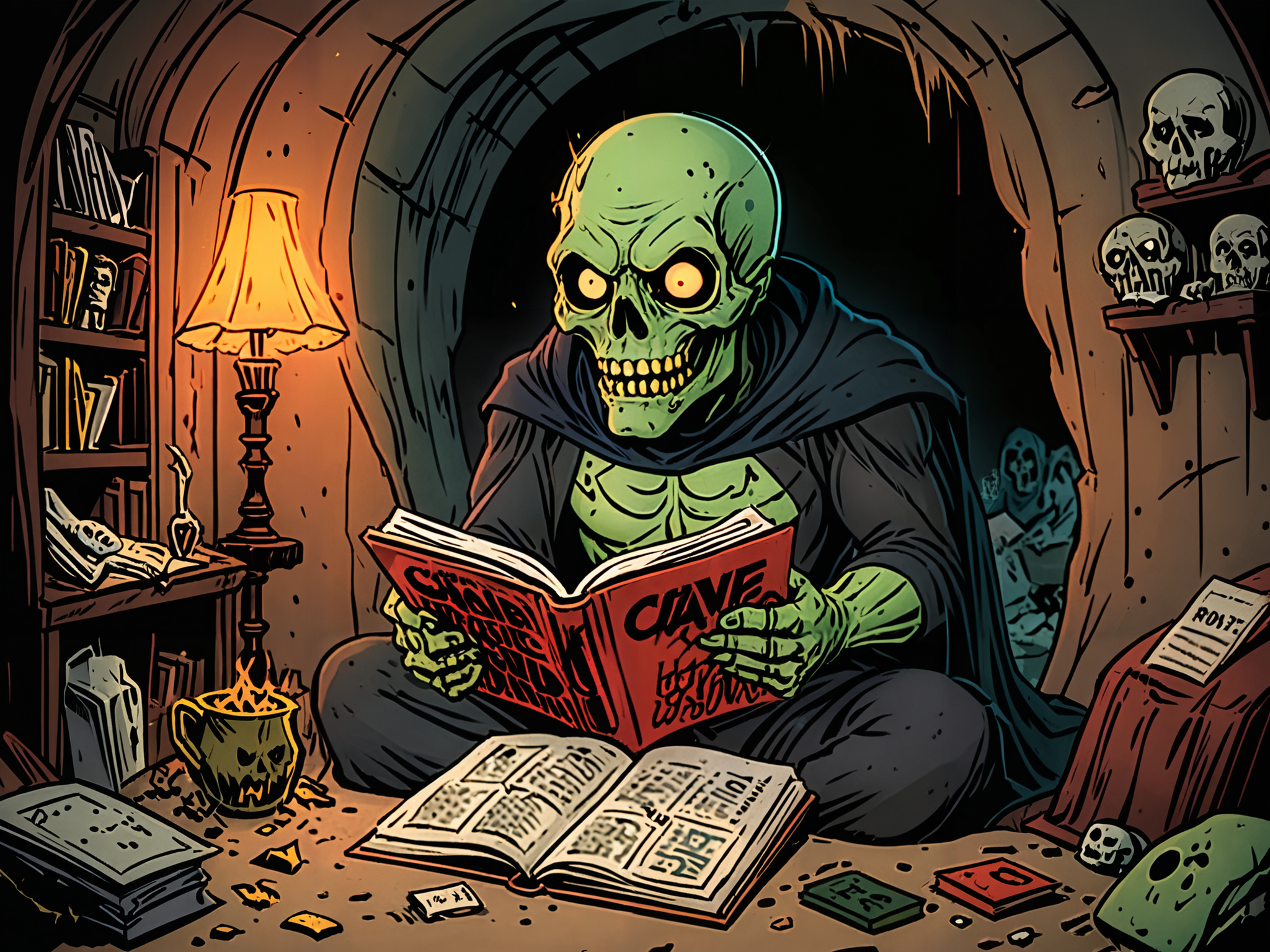 comic book illustration in the style of EC comics picture decomposed ghoul  reading a horror comic book in his creepy cave lair  <lora:add-detail-xl:1>   <lora:Cartoon_SDXL_V2-fixed:1> cartoon, flat colors, vivid colors