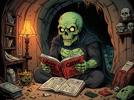 comic book illustration in the style of EC comics picture decomposed ghoul  reading a horror comic book in his creepy cave lair  <lora:add-detail-xl:1>   <lora:Cartoon_SDXL_V2-fixed:1> cartoon, flat colors, vivid colors