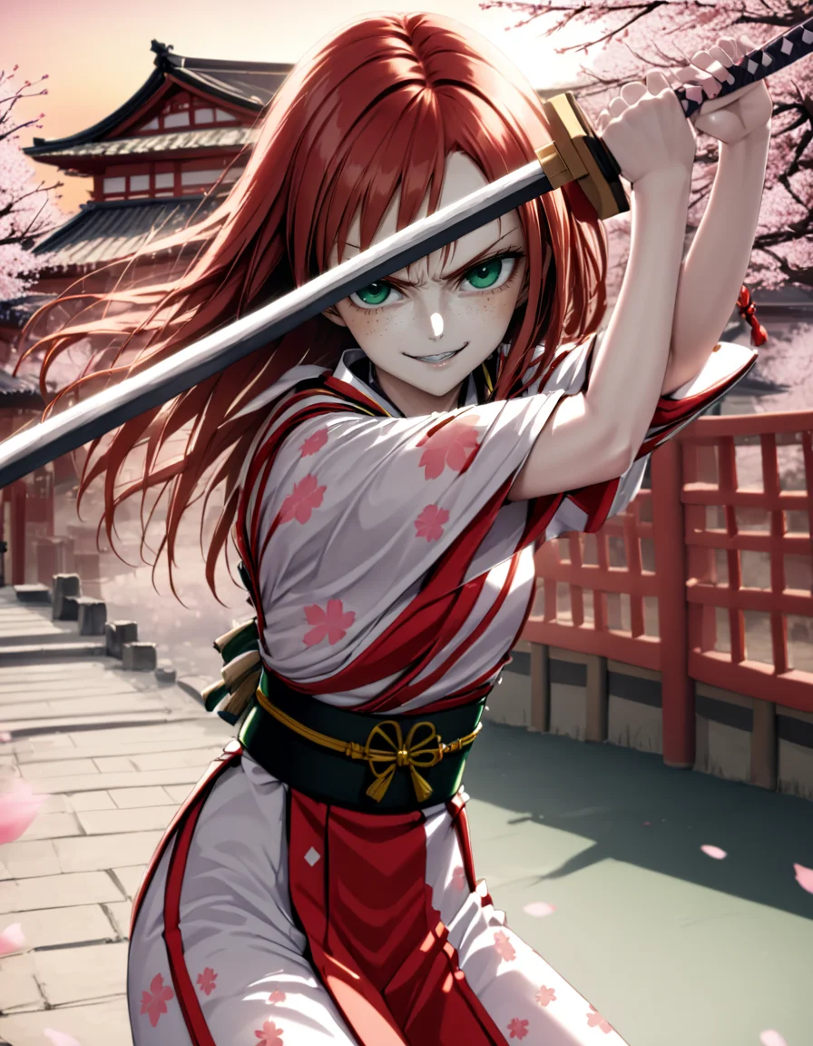 a realistic 20 year old anime kmw top model redhead woman, freckles,
((high guard sword parry stance)),
evil smile,
traditional japanese white battle kimono, black belt,
serious, focused,agressive,
small breasts, flat chest,
japanese architecture background, sakura blossoms, sakura trees,scenery,sunset,
facing viewer,green eyes,
<lora:kmw_v53:1>
<lora:high-guard-sword-parry-stance:1>