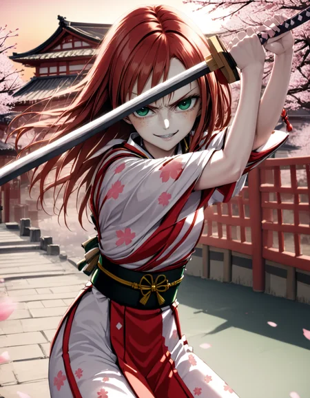 a realistic 20 year old anime kmw top model redhead woman, freckles,
((high guard sword parry stance)),
evil smile,
traditional japanese white battle kimono, black belt,
serious, focused,agressive,
small breasts, flat chest,
japanese architecture background, sakura blossoms, sakura trees,scenery,sunset,
facing viewer,green eyes,
 <lora:kmw_v53:1>
 <lora:high-guard-sword-parry-stance:1>