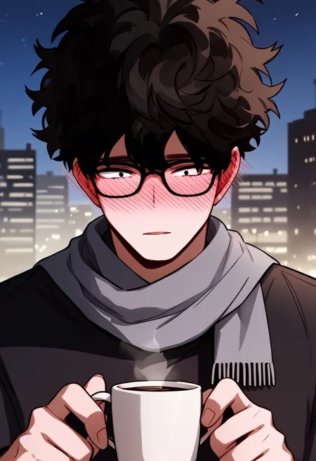 score_9, score_8_up, score_7_up, source_anime, rating_explicit, realistic shading, natural lighting, leaning back, male focus, looking away, expressive calm face, detailed eyes, black-framed eyewear, messy hair, Go_Yohan, 1boy, black t-shirt, holding coffee, steam, city light background, night, dynamic angle, intricately detailed illustration, depth of field, masterpiece, best quality, amazing quality, very aesthetic, absurdres, newest, anime screencap, close up, sighing, wind, scarf, black hair, black eyes, black pupils, cute, blush