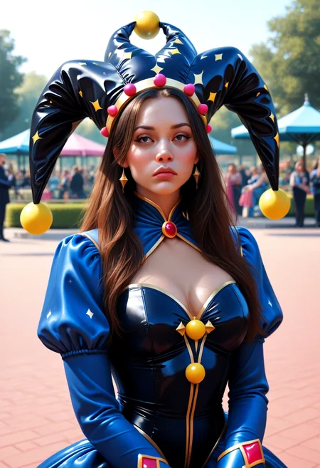 Jester influencer clowned69xoxo posing in an eccentric display of ludicrous style.
She is modeling an outrageous 
avant-garde costume. 
Set in a lush park on a sunny day. 
Contemplating the philosophical question of why everyone is so serious. 
Professional photography, realistic, film grain