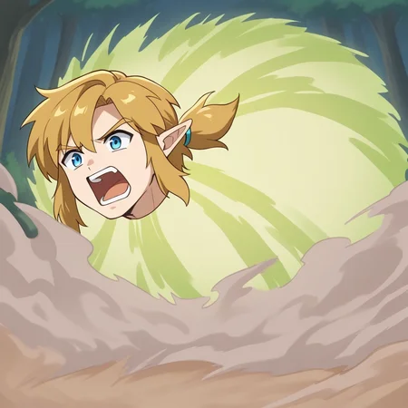 choukyuuhaoudeiedan, spinning, 1boy, solo,link (zelda),blonde hair,blue eyes,pointy ears,low ponytail,sidelocks, head only, green smoke, dust, forest, open mouth, angry, screaming,