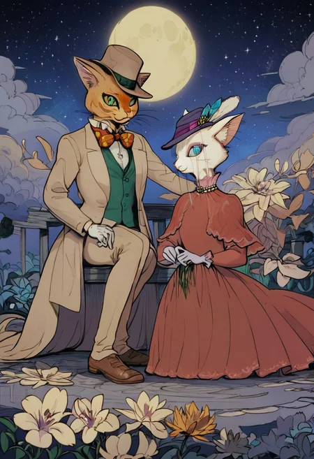 score_9, score_8_up, score_8, cute, in the style of beatrix potter, cel-shading, fca style, baroness louise, white fur, cat, female cat, blue eyes, anthro, gloves, purple hat, elegant hat, red dress, looking at viewer, beautiful eyes, 1girl, BREAK
baron humbert, ginger fur, blue eyes eyes, cat, male, anthro, suit, tuxedo, blue blow-tie, white gloves, 1boy, BREAK
duo, sitting, outside, looking at sky, moon, at night, starry sky, woth design