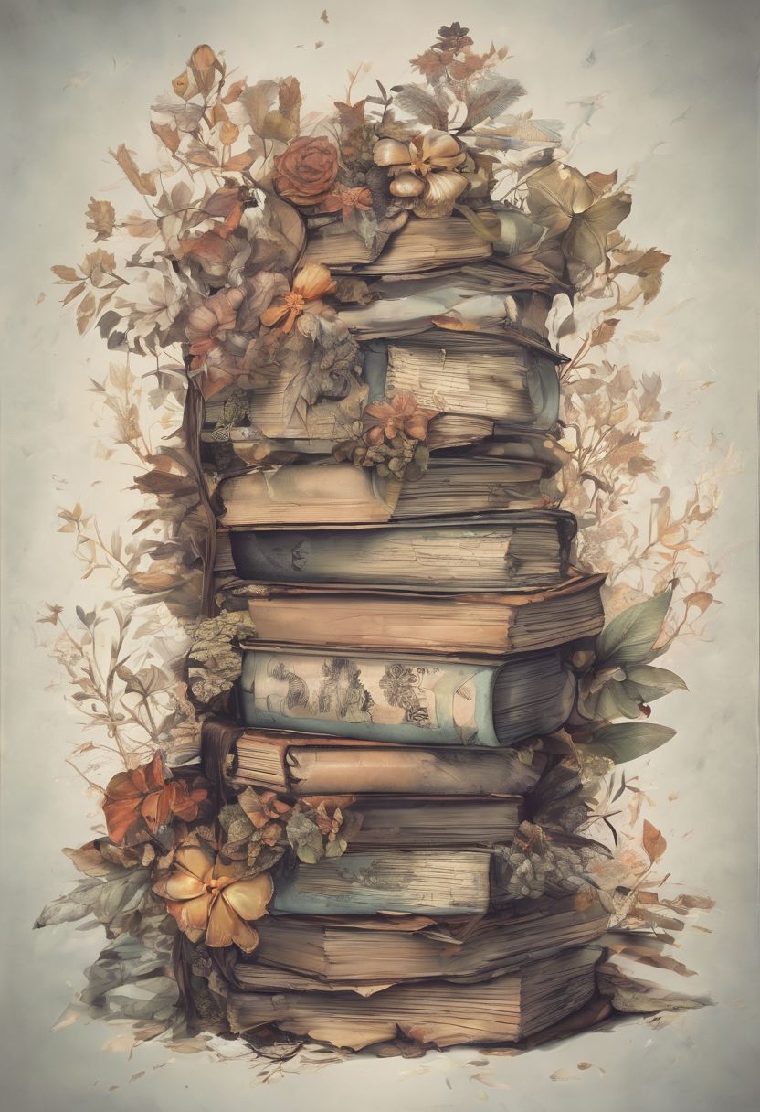 (photo realistic, hyperrealism), Imagine a scene where time has stood still in an ancient library. In the center, there is a pile of weathered books, each one brimming with forgotten knowledge and tales of yore. These tomes are bound in leather and bear the marks of time on their spines. Surrounding this mound of literary history are ethereal flowers, each petal and leaf emitting a soft, otherworldly glow. The light bathes the books in a warm, inviting aura, suggesting that within these pages lies not just knowledge, but also magic