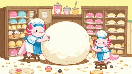 pikaole, axolotl, crayon, Two axolotls in chef uniforms are standing in a giant bakery, trying to knead an enormous ball of dough. One axolotl stands on a stool to reach the countertop, while the other struggles to lift a rolling pin thatâs almost as big as he is., happy axolotls<lora:Axomodel_Flux_V1.1.safetensors:0.85:0.85> <lora:Pikaole v2 (FLUX)_v2_E6.safetensors:0.75:0.75> <lora:qiu_crayon.safetensors:0.8:0.8>