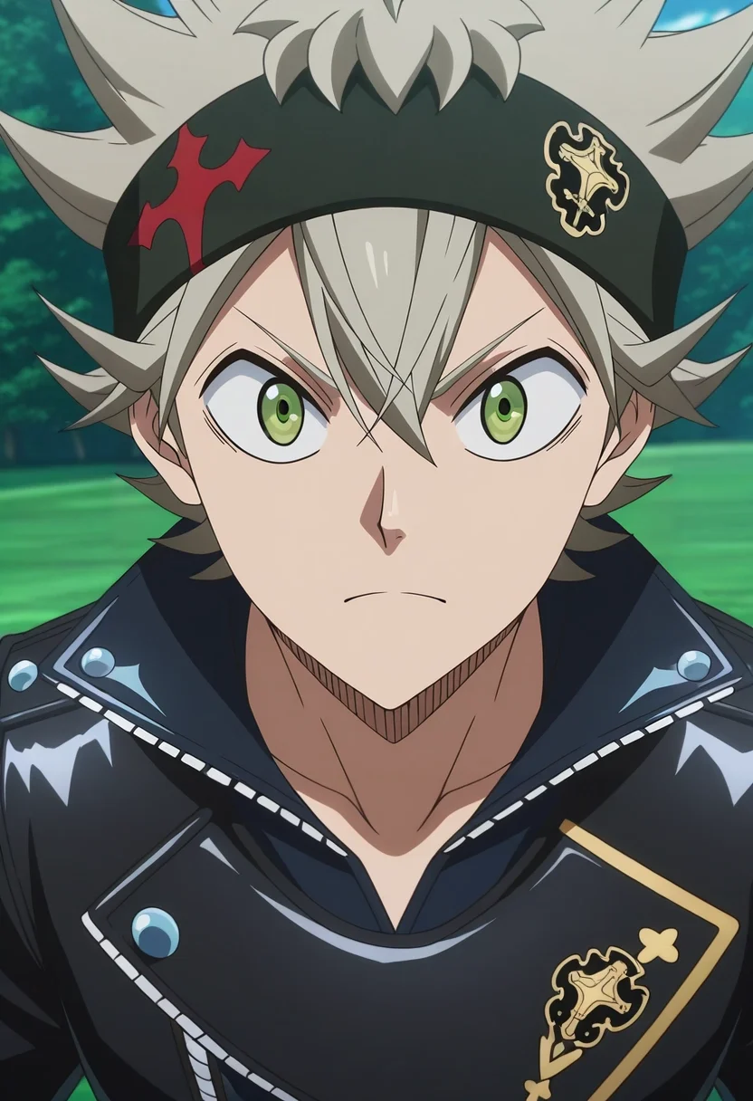 masterpiece, best quality, intricate details, anime screencap, anime coloring, , , 1boy, solo, male focus, <lora:asta_black_clover_ilxl:0.92>, asta_black_clover, grey hair, green eyes, short hair, spiked hair, , , , leather jacket,