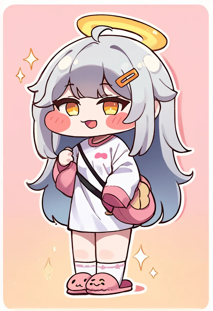 score_9,score_8_up,score_7_up,source_anime,zPDXL3,
*//*,<lora:Trickal_Revive-Pony:1>,1girl, slippers, chibi, hairclip, solo, shirt, halo, hair ornament, blush stickers, white shirt, ahoge, blush, smile, long sleeves, sparkle, socks, :3, full body, yellow eyes, open mouth, pocket, grey hair, bangs, sleeves past wrists, long hair