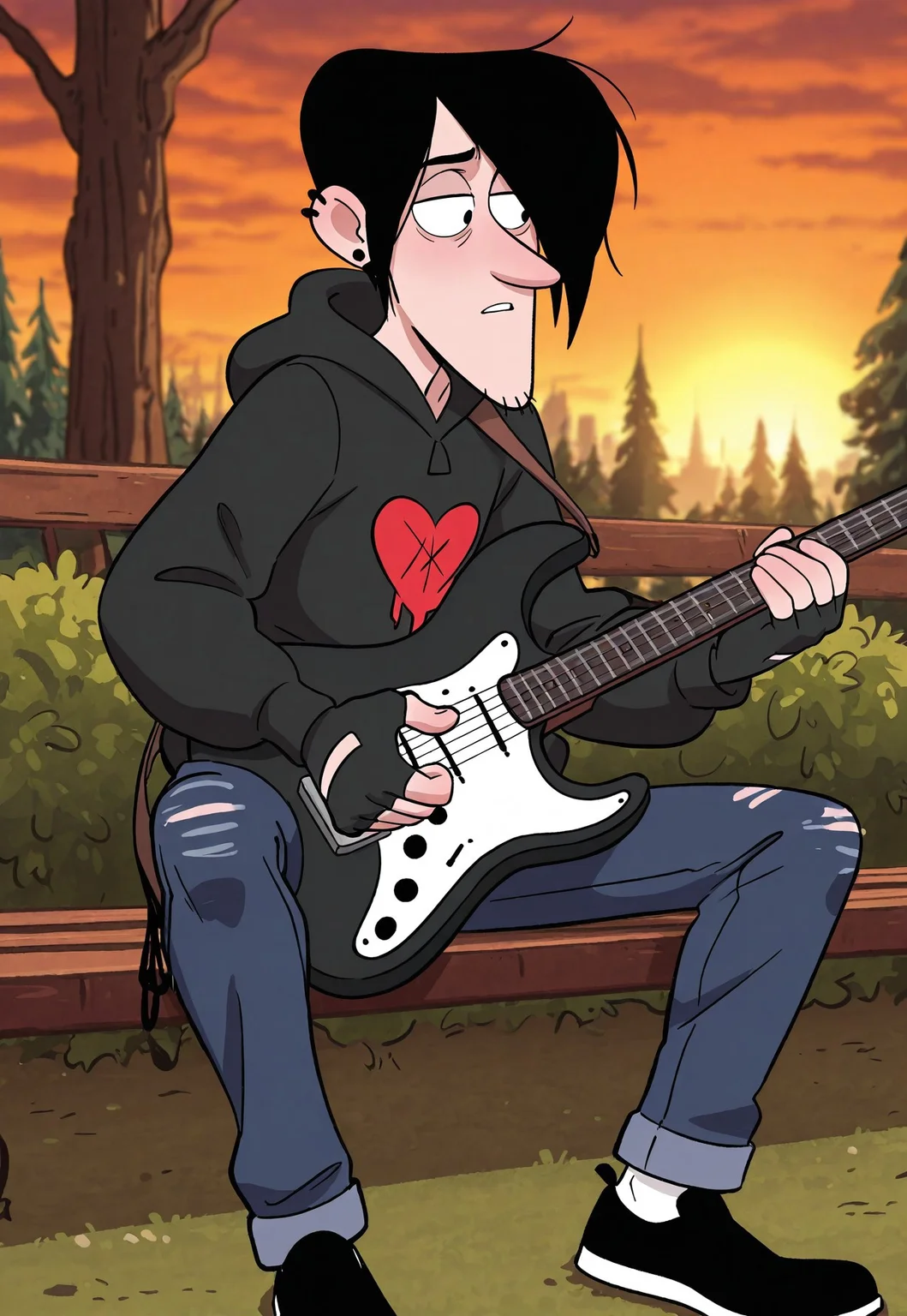 masterpiece, best quality, amazing quality, detailed background, intricate details, dynamic, cinematic, animated, anime realistic shading, solo, male focus, 1boy, handsome, robbi3, black hair, long bangs, black eyes, earrings, ear piercing, acne, stubble, black hoodie, fingerless gloves, thight jeans, black shoes solo, male focus, sitting, gitar, holding, park background, sunset