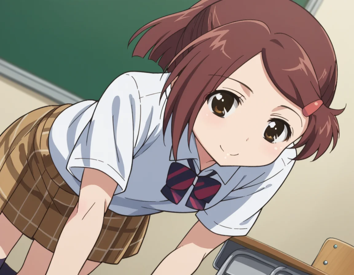 score_9, score_8_up, score_7_up, source_anime,
akosuminoe, <lora:ako-suminoe-ova-ponyxl-lora-nochekaiser:1>,
ako suminoe, short hair, brown hair, hair ornament, brown eyes, ponytail, hairclip,
skirt, shirt, school uniform, white shirt, socks, plaid, kneehighs, plaid skirt,
indoors, classroom, smile, bent over,
looking at viewer, dutch angle, cowboy shot,