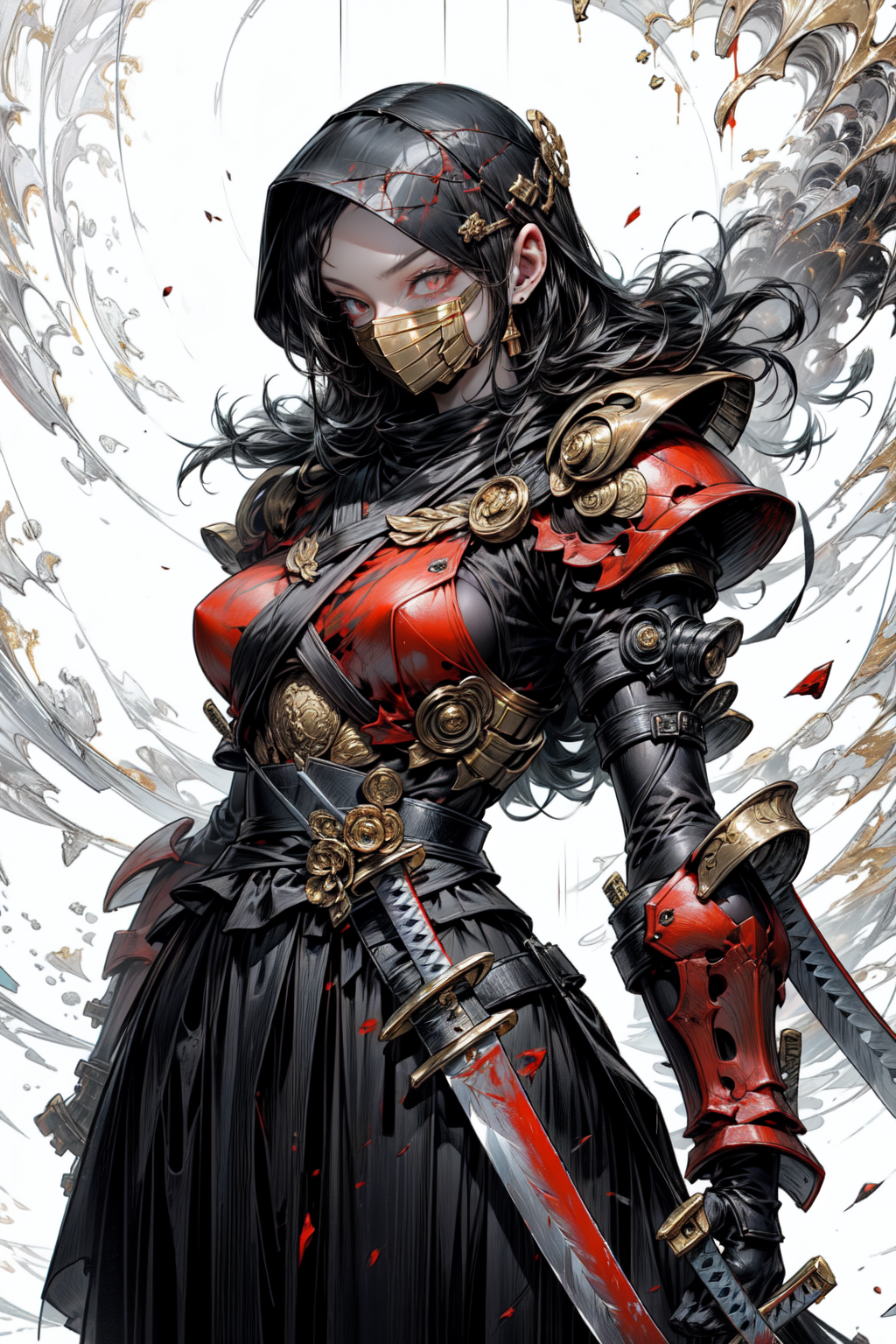 (best art,golden ratio art,master piece:1.3),golden ratio, Powder blue theme, white theme,(cyberpunk:0.7),(abstract art:1.3),((ninja style:1)), ((black mask)),(((1 short katana weapon,solo weapon))), dark red theme, dark theme, garnet detail eyes,1girl, ultra high res, masterpiece, best quality,smirk to viewer,Corpse mountain background,sea of blood , <lora:M4rbleSCNEWCIVIT:0.41> <lora:add_detail:1.6> <lora:glass_crack_effects:0.26> <lora:animeoutlineV4_16:1> <lora:nijiarmor_anime_v2:1>