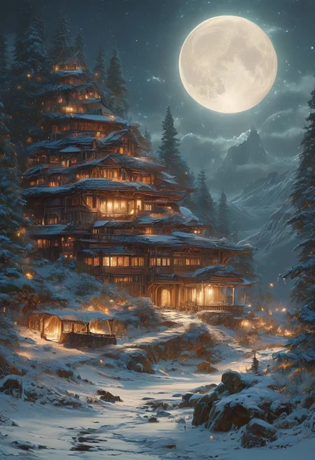 A captivating night scene illustration featuring a grand WOODEN viking long house standing tall on a large snowy hill overlooking a lake. The beautiful viking longhouse adorned with some windows, emits a warm glow, highlighting its incredible craftsmanship. The snowy  hill is covered in great pine trees, reflecting on the calm, moonlit snow  that mirrors the silvery moonlight. The full moon graces the sky, casting an ethereal glow on the clouds and mountain, while wispy clouds partially obscure its brilliance, adding to the scene's mystique. Twinkling stars dot the sky, creating a celestial tapestry that harmonizes with the moon's radiance. This enchanting artwork captures a serene and peaceful night, where the illuminated WOODEN viking longhouse stands resolute amidst the celestial beauty, creating a cinematic experience., illustration, cinematic
<lora:DonM3t3rn1tyXL-v1.1:0.7>, DonM3t3rn1tyXL,
OverallDetailXL  <lora:MJ52:0.3>  <lora:SDXLFaeTastic2400:0.4>  <lora:EpicF4nta5yXL:0.7>