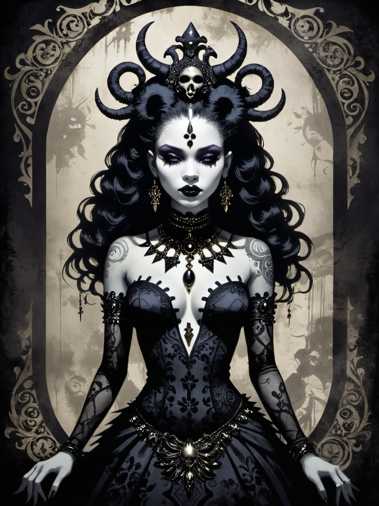 Gothic style bold artwork,creative use of shadows and textures to create an image using negative space,"Voodoo Goddess", . Dark, mysterious, haunting, dramatic, ornate, detailed