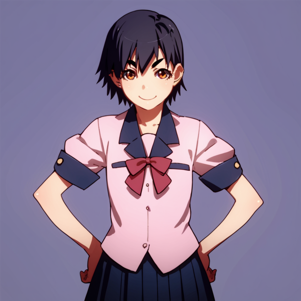 score_9, score_8_up, score_7_up, score_6_up, score_5_up, score_4_up, source_anime, , Suruga, short hair, black hair, brown eyes, school uniform, , soft smile, standing, hands on hips