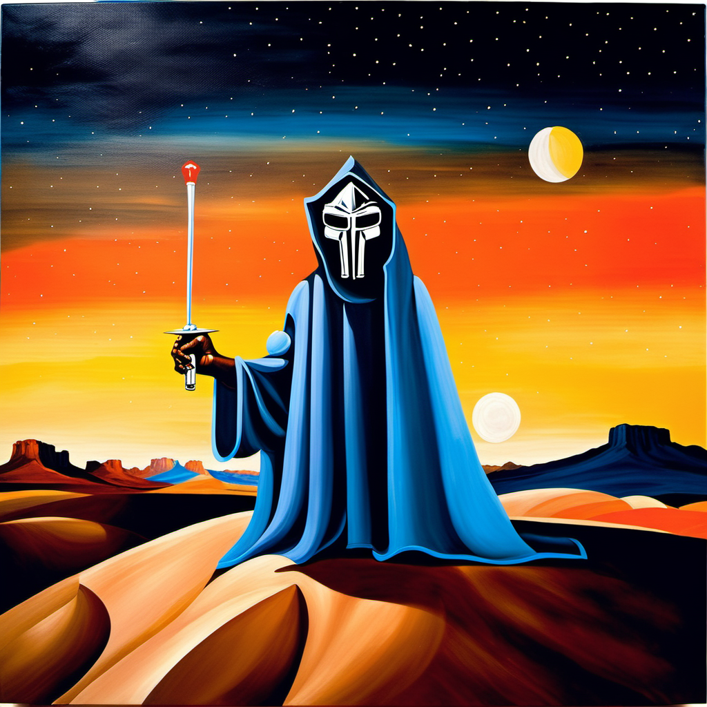 painting of MF DOOM, night time, Desert George Condo Style, horror(theme),  <lora:MBTDF xl:0.9>