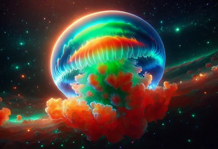 A translucent Sphere with a shrunken Universe forming from a powerful  quantum explosion , (the universe itself a living Jelly  lifeform), Cosmic  Fluorescent Colors  ,Dark Sci-fi ,, Subsurface scattering , Ray Tracing ,Rear Cosmic amibient   light mapping for deep space and Stellar lighting ,electric green , burnt orange , metallic candy apple red,tundra blue  ,8k UHD ,Masterfully rendered in Octane by Sithandwesson ,