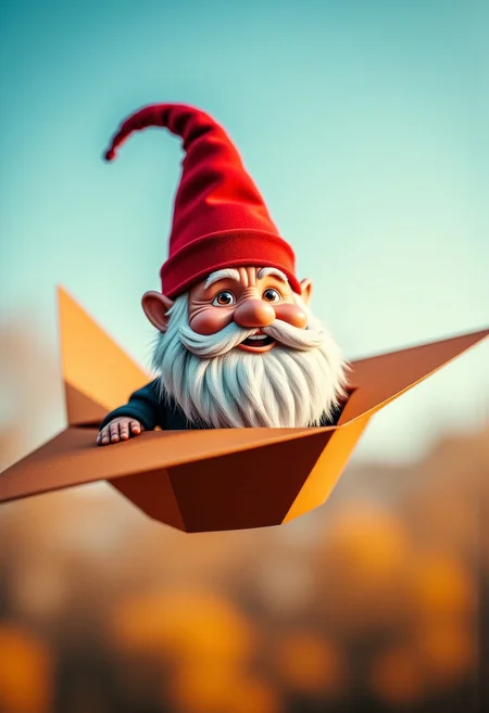 A gnome with a red cap and a white beard, sitting inside a paper plane. The paper plane is flying through the air at high speed. The gnome is happy and having fun! There is a lot of motion blur.