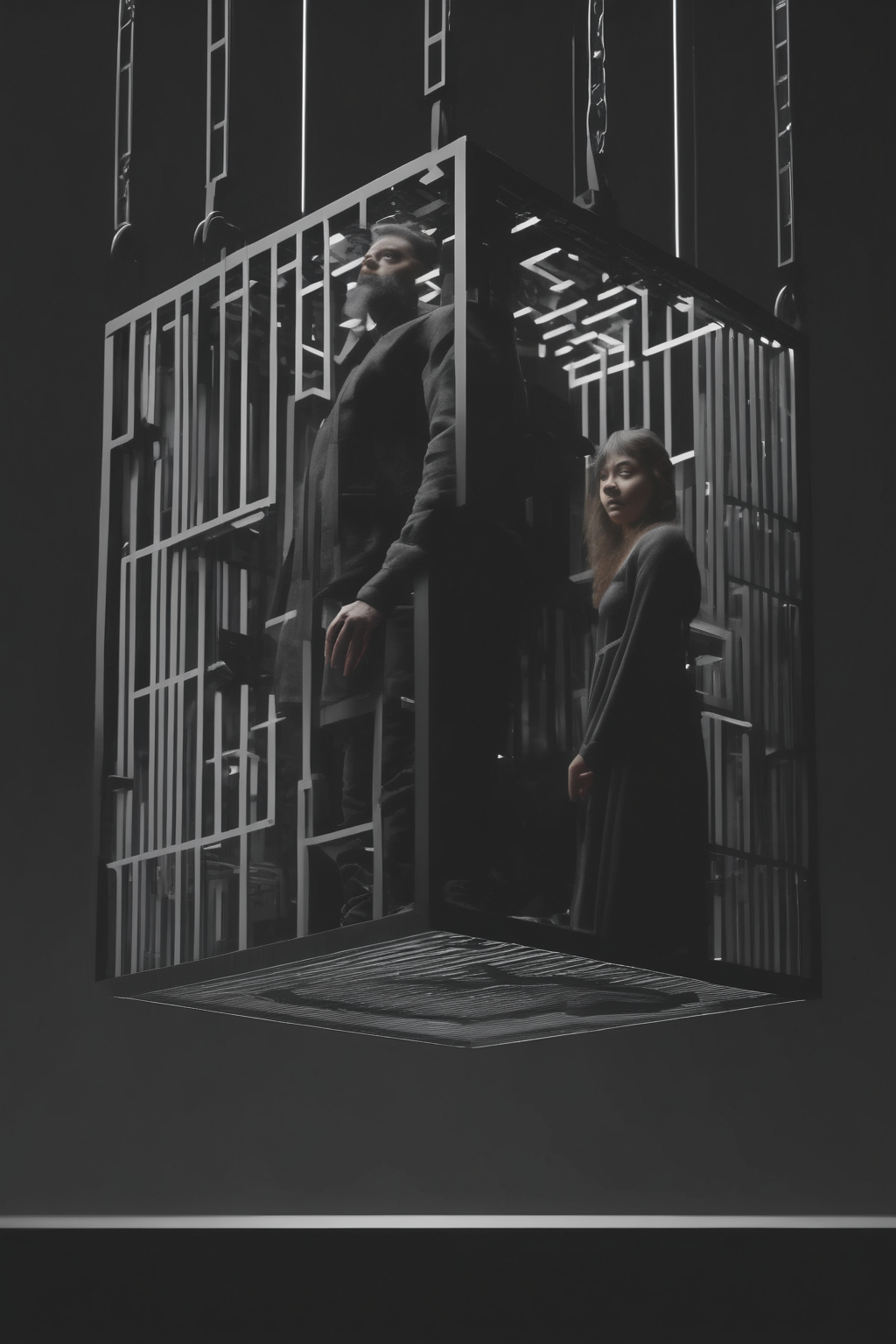 <lora:Levitating Cube:1>Levitating Cube - a couple of people standing next to a cage