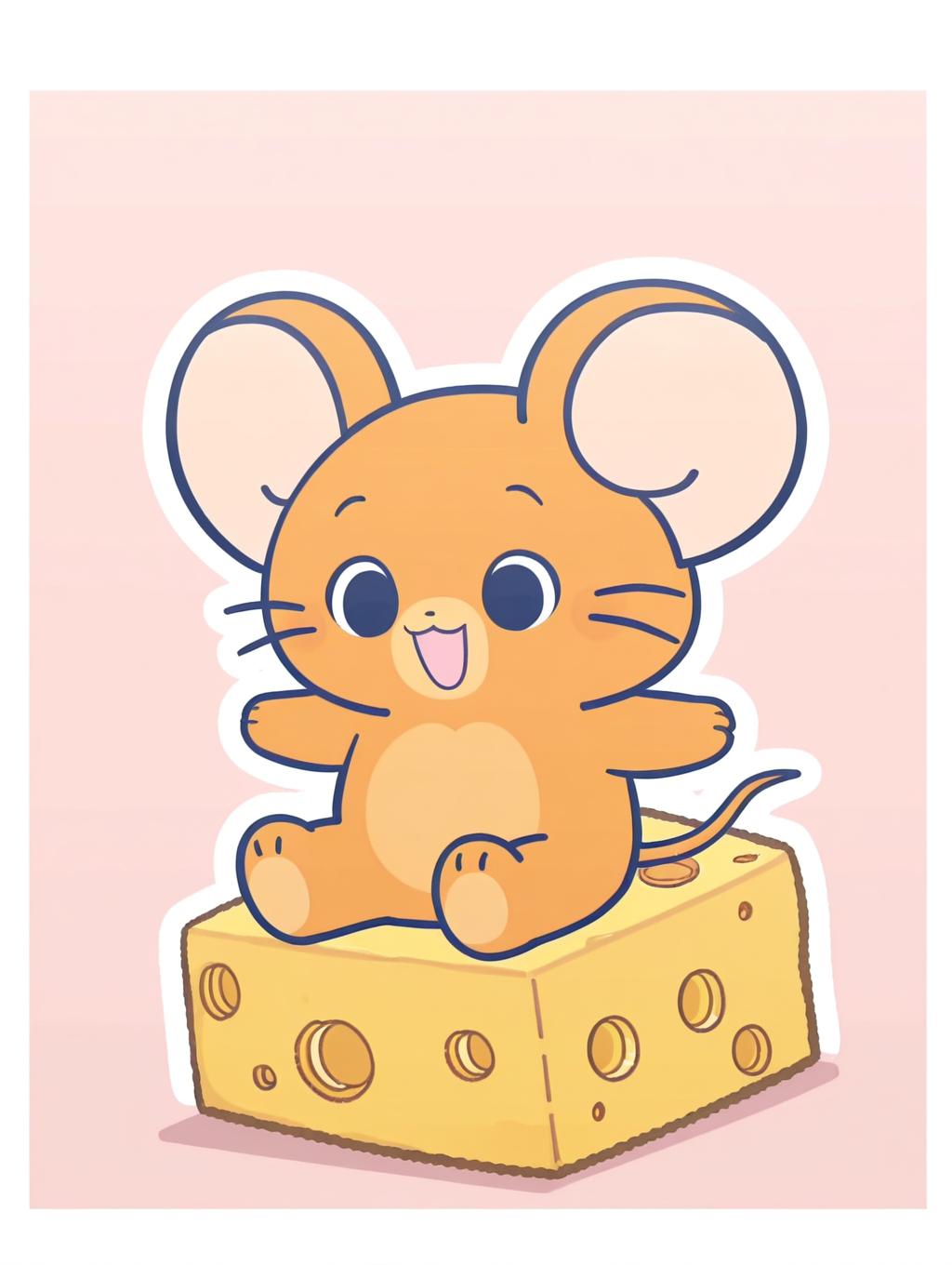 Jerī_Mouse, Triangle body, solo, mouse, happ, :d, orange-brown skin, whiskers, mouse ears, mouse tail, minimal, (( White frame, white outline)),cheese, Sitting on cheese