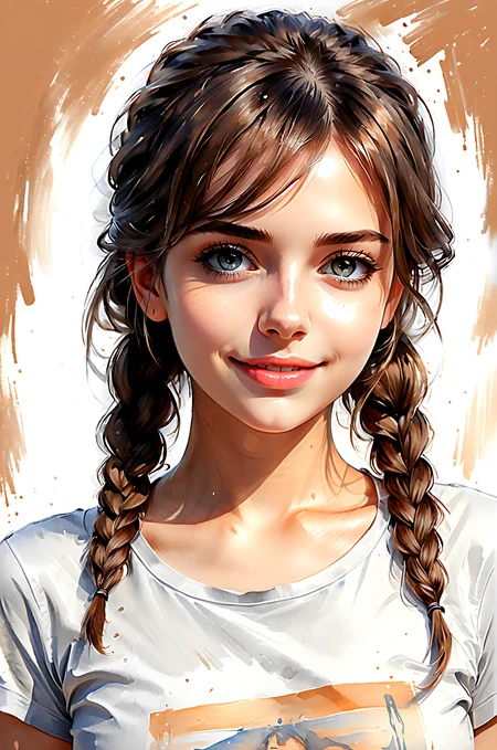 pretty face, young woman, woman wearing t-shirt, big and round eyes, small smile, intimate, hyper 4k detailed painting, 4k resolution concept art portrait, french braid hair style, dark brown hairs, looking ahead, from behind, absurdres, masterpiece, 8k, high detail, intricate, best quality, <lora:add-detail-xl:0.55>, <lora:xl_more_art-full_v1:0.6>, watercolor painting, vibrant, beautiful, painterly, detailed, textural, artistic, upper body