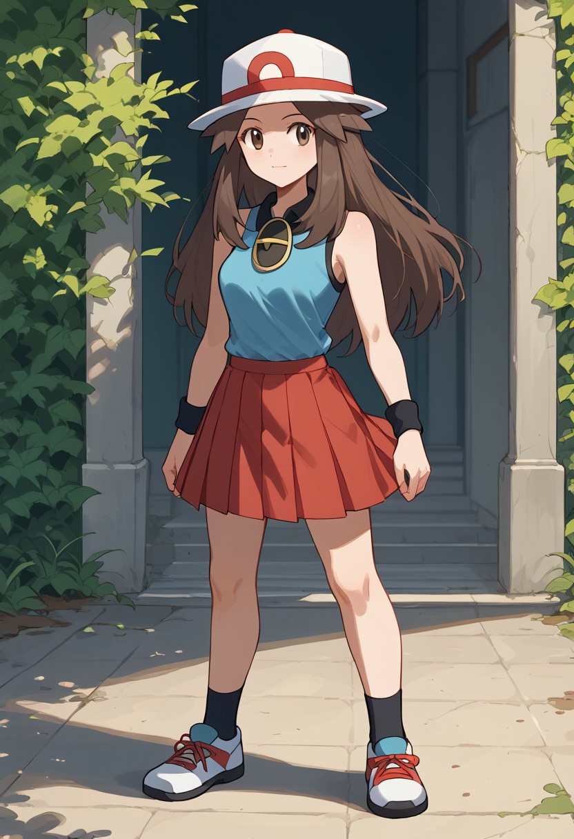 <lora:LeafPony-10:1>LeafDef, LeafPony, leaf (pokemon), 1girl, solo, long hair, brown hair, brown eyes, shoes, socks, miniskirt, sleeveless shirt, red skirt, white headwear, blue shirt, wristband, porkpie hat, black wristband, pleated skirt, In The Distance,, score_9, score_8_up, score_7_up, score_6_up, score_5_up, score_4_up,