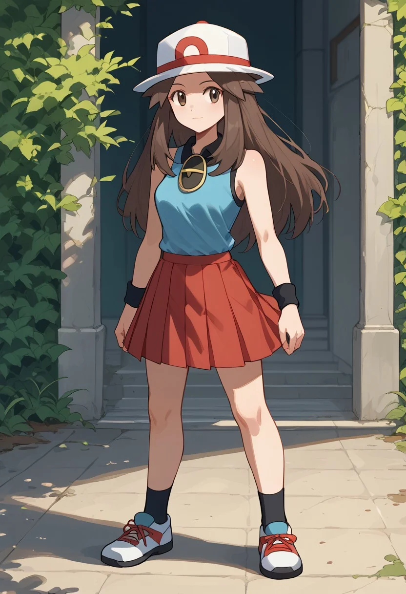 <lora:LeafPony-10:1>LeafDef, LeafPony, leaf (pokemon), 1girl, solo, long hair, brown hair, brown eyes, shoes, socks, miniskirt, sleeveless shirt, red skirt, white headwear, blue shirt, wristband, porkpie hat, black wristband, pleated skirt, In The Distance,, score_9, score_8_up, score_7_up, score_6_up, score_5_up, score_4_up,