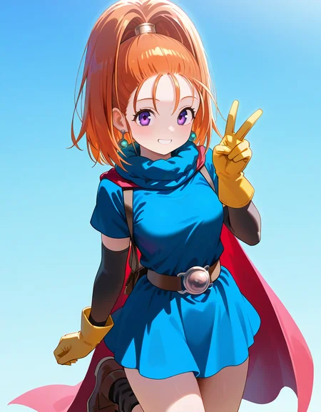 <lora:DQ6barbara_SDXL_Illustrious01_fp16_ver01:1>,DQ6barbara,1girl,purple eyes,earrings,orange hair,high ponytail,yellow gloves, blue dress, belt, red cape, short sleeves,black socks, brown footwear, smile,v,cowboy shot,, masterpiece, best quality, very aesthetic, absurdres,<lora:detailed_hands:1>,hand