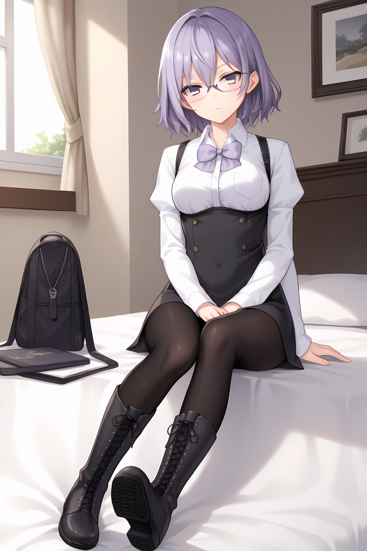 (black dress short dress white shirt long sleeves black pantyhose white knee boots bowtie), dsc-mirei, purple hair, purple eyes, glasses, medium hair, medium breasts, 1girl, solo, skinny, score_9, score_8_up, score_7_up, score_6_up, score_5_up, source_anime, blush, indoors, (1.3::full body|sitting|standing|lying|0.6::close-up| :1.20), , <lora:dsc-mirei-V01-000004:0.80>