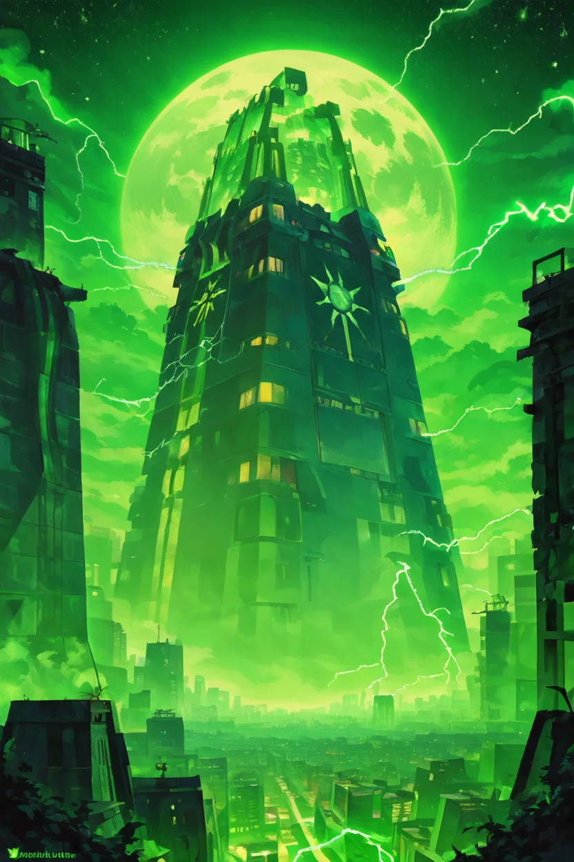 ((masterpiece, best quality)), high resolution, highly detailed, 32k picture, scifi, perfect scifi, minimalist, cinematic, movie poster, score_9, score_8_up, score_8, Necron, (city, buildings with windows :1.2), cityscape, electricity, green glow, green theme, green moon, starry sky, space, <lora:NecronWorldP1:0.8>, <lora:Scifi_Environment_Concept_Art_SDXL:0.8>, <lora:Vivid:0.8>, embedding:zPDXL,