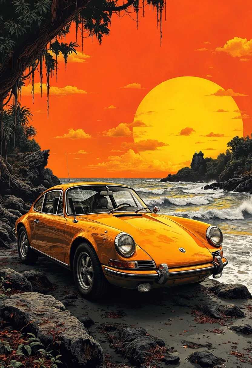 A graphic illustration, in black and white, of an ocean landscape with a bright orange sunset.streets,.photoshoot near the ocean at sunset near car
Yellow and black BUGATTI EB110
<lora:Dieselcore:0.7> d1eselc0re <lora:Glitchcore_Flux:0.4> gl1tchc0re
