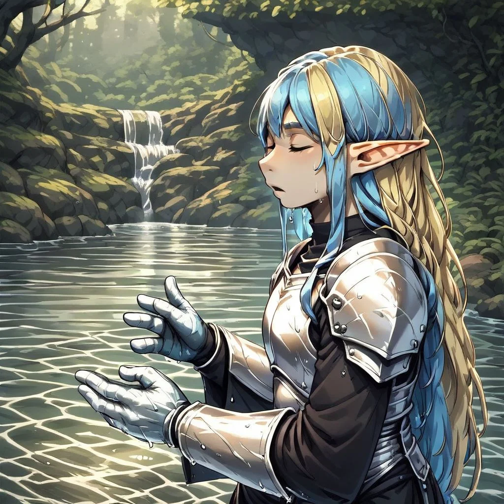 yum4rt, Lapanya, 1 person, pointy ears, 3 fingers 1 thumb, ((Underground cavern background)):1.5, ((snout nose)):1.0, flat chest, side view, light skin, tall, square jaw, yellow irises, ((two-tone hair, light blue hair, blonde undertones)), wavy hair, long hair, ((chubby build, chubby face)), long sleeved black robe, white armor, wet hair, wet clothes
Underground cavern background
Standing hip-deep in water, casting water magic
((clean lines, source: anime, detailed fingers, high quality, best quality, masterpiece, rating: g score: 9, score: 8 up))