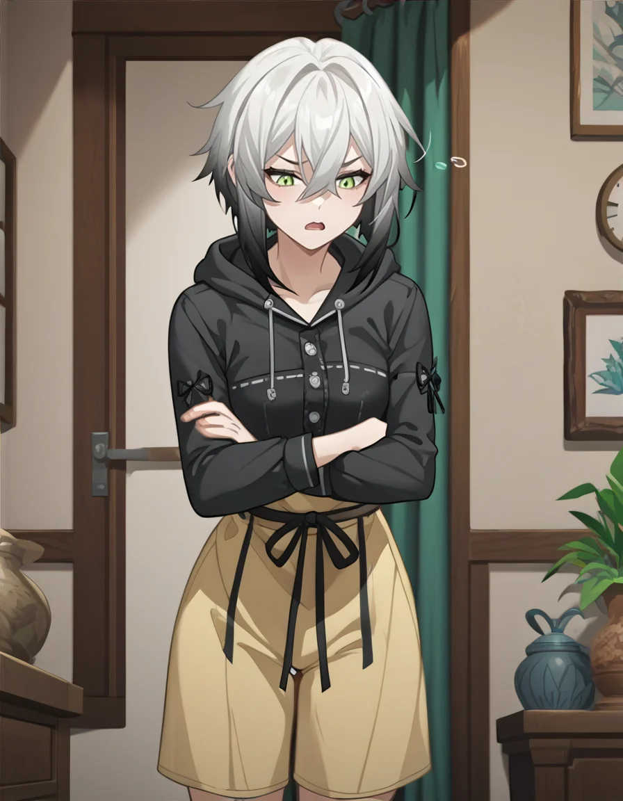 score_9,score_8_up,score_7_up,source_anime,
thighs,pajamas,hood,sleepy,open mouth,
yubing,1girl,solo,green eyes,multicolored hair,grey hair,black hair,hair between eyes,gradient hair,<lora:yubing_pony2:0.7>,anime screencap,<lora:Anime_Screencap:1>,