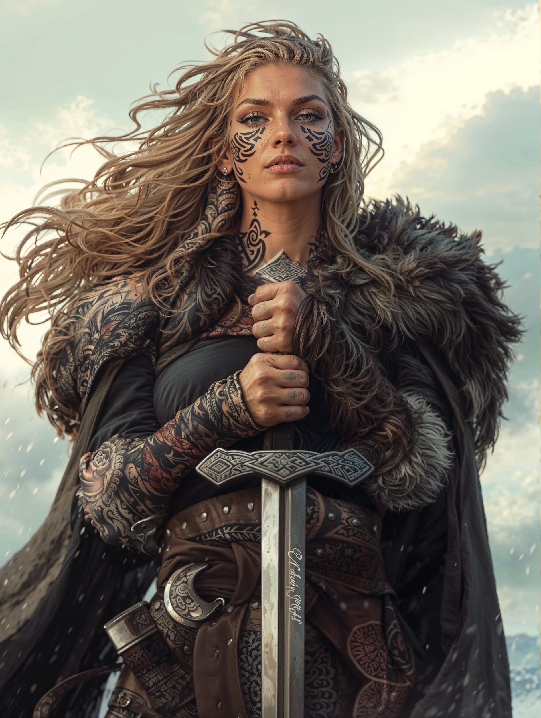 High-resolution, fantasy-themed portrait of a woman dressed as a warrior. The layout is vertical, focusing on the subject from the waist up. She has long, wavy blonde hair that flows freely, and her face is adorned with intricate black tribal tattoos. Her skin is fair, and she has a determined expression. She is wearing a detailed, dark-colored armor with fur accents on the shoulders and arms, and she holds a large, ornate sword with both hands, the blade inscribed with the text 'Eternal Night' in a stylized font. The background is a cloudy sky, adding to the dramatic and epic atmosphere of the image.