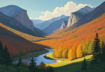 Silkscreen, ((WPA style)), (national parks style), vivid natural colors, limited color palette, painting, (Franconia Notch)