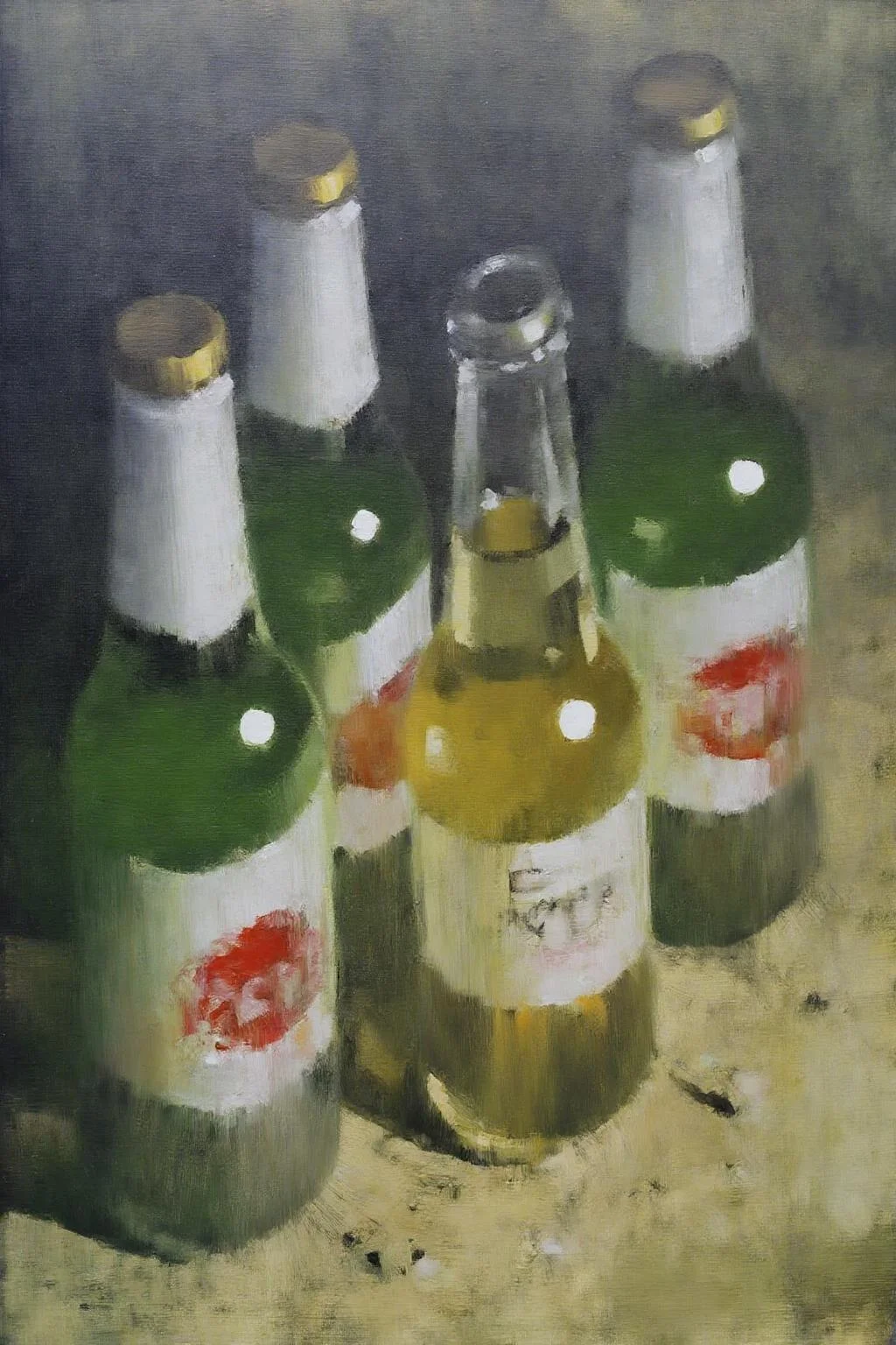 marklague1 painting.
A collection of beer bottles in shades of green, white, and yellow, some overlapping. The background is a mix of dark and light tones with small white dots scattered across the scene. <lora:marklague1_cap_d8a4e12:1.0><lora:855113234615694140:0>