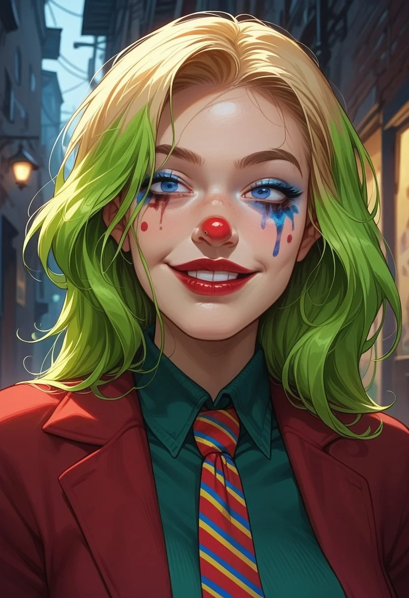 score_9, score_8_up, score_7_up, score_6_up, rating_explicit, source_western, Ellie Buckingham, ((Bright Blond hair)), Blond Hair, Blond Bright blue eyes. Very large breasts, torpedo breasts, humongous breasts Western Style Artwork. Bold Lines,
joker \(dc\), (clown makeup, white face, smeared lipstick, red lipstick, facial mark, facepaint, blue makeup, red nose:1.3), upper body, solo, empty eyes, (impossible wide smile, crazy smile), half-closed eyes, staring, green shirt, collared shirt, red blazer, yellow boutonniere, loose necktie, striped necktie, multicolored hair, green hair, eerie atmospher, dark alley, complex background, night,
