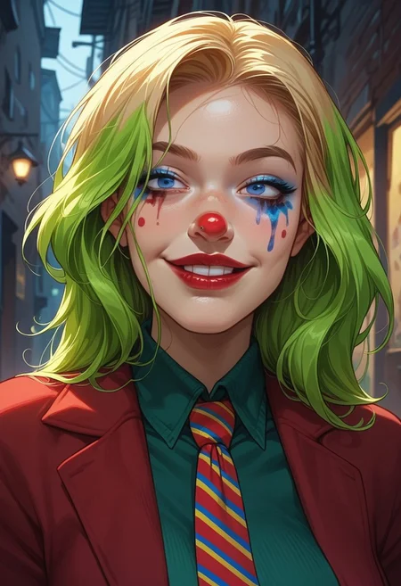 score_9, score_8_up, score_7_up, score_6_up, rating_explicit, source_western, Ellie Buckingham, ((Bright Blond hair)), Blond Hair, Blond Bright blue eyes. Very large breasts, torpedo breasts, humongous breasts Western Style Artwork. Bold Lines,
joker \(dc\), (clown makeup, white face, smeared lipstick, red lipstick, facial mark, facepaint, blue makeup, red nose:1.3), upper body, solo, empty eyes, (impossible wide smile, crazy smile), half-closed eyes, staring, green shirt, collared shirt, red blazer, yellow boutonniere, loose necktie, striped necktie, multicolored hair, green hair, eerie atmospher, dark alley, complex background, night,