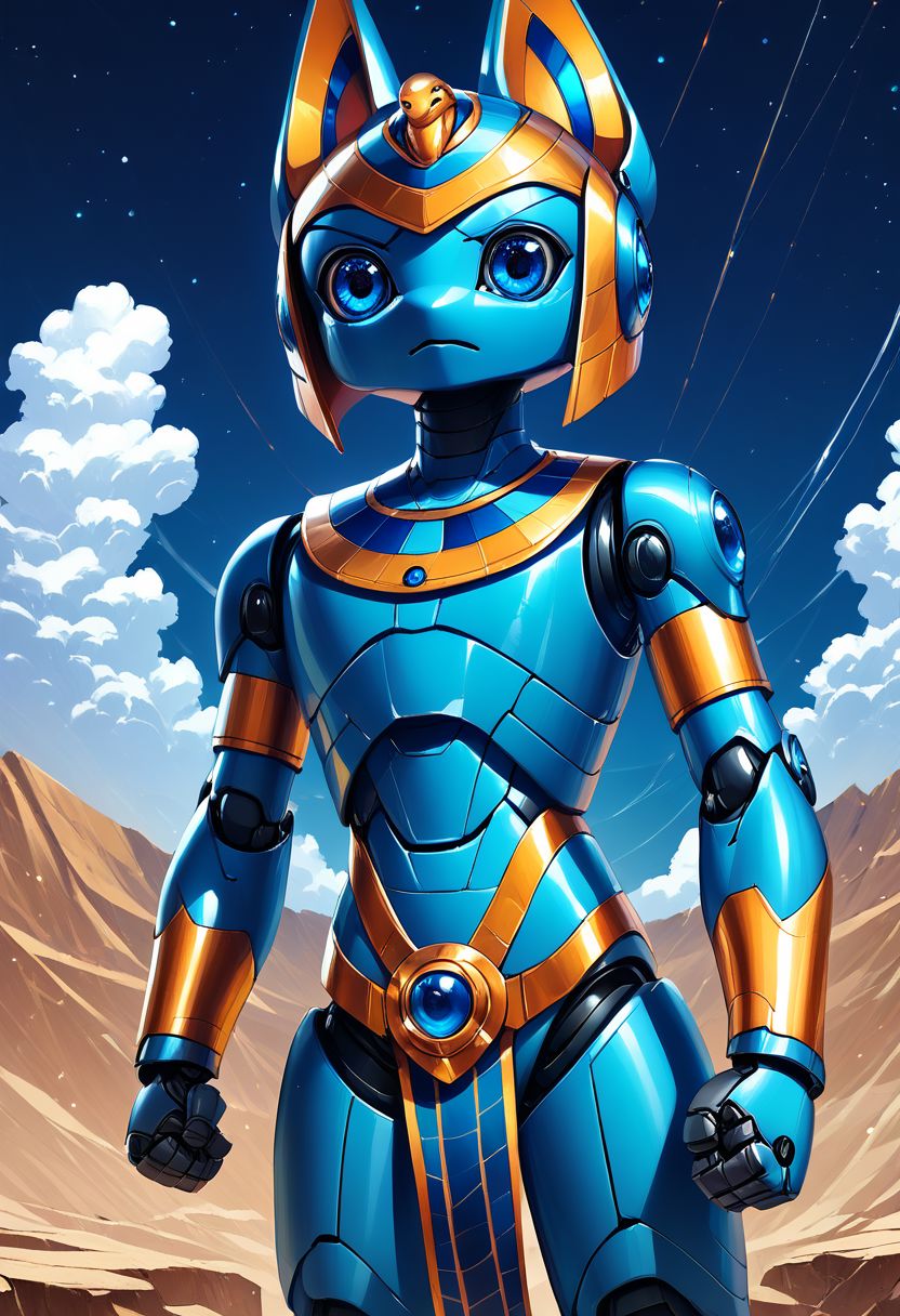 score_9, score_8_up, score_7_up,
zzEgyptian, usekh collar, gold trim, jewelry, gold, eye of horus, pharaoh's headdress, armlet,
 CivBot, blue eyes, sky, cloud, no humans, glowing, stars, science fiction, fist, clenched fist, radio antenna, cowboy shot, blue robot,