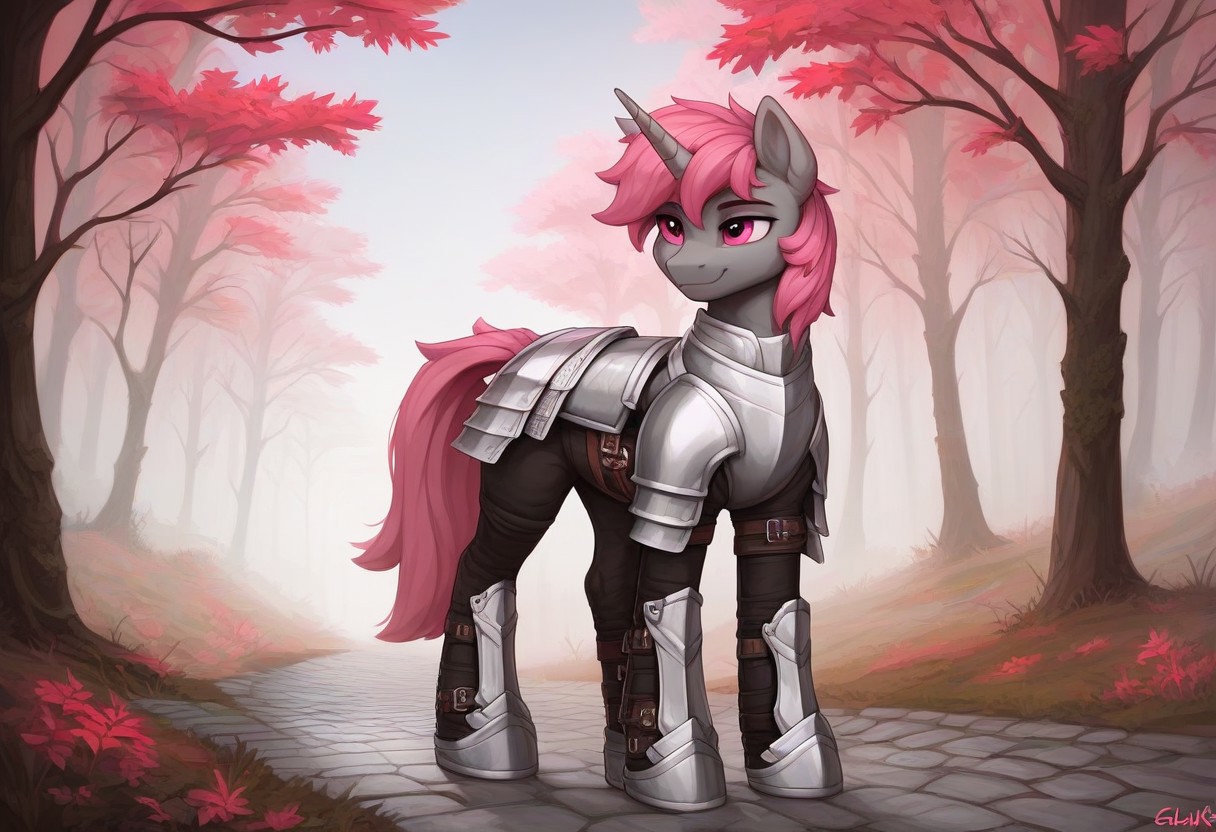 score_9, score_8_up, score_7_up, score_6_up, score_5_up, g4, pony from my little pony friendship is magic, big flanks, anatomically correct, unicorn, unicorn horn, feminine, muscular, large, large frame, fit, sporty body, feminine male, large, tall, big, burly, muscular, male, ash grey body, ash grey fur, malibu pink mane and tail, malibu pink in mane and tail, short mane, hot pink eyes,
outdoors, medieval forest, trees, forest, deep forest, fog, foggy, quiet, peaceful, outside, cobblestone path,
Paladin, silver knight armor, silver armor, chainmail, platemail, plate armor, smile, friendly, kind, gentle, soft, friendly, adorable, patrolling, walking, solo, feral