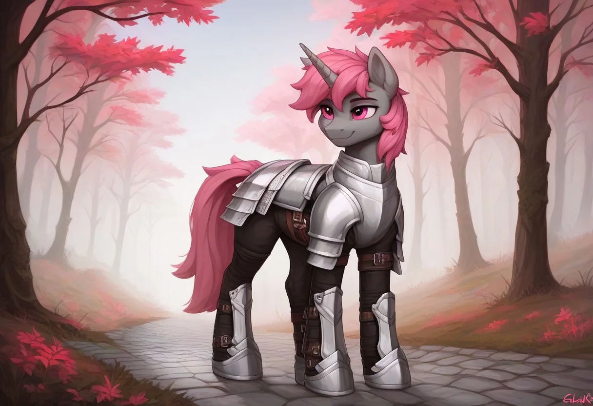 score_9, score_8_up, score_7_up, score_6_up, score_5_up, g4, pony from my little pony friendship is magic, big flanks, anatomically correct, unicorn, unicorn horn, feminine, muscular, large, large frame, fit, sporty body, feminine male, large, tall, big, burly, muscular, male, ash grey body, ash grey fur, malibu pink mane and tail, malibu pink in mane and tail, short mane, hot pink eyes,
outdoors, medieval forest, trees, forest, deep forest, fog, foggy, quiet, peaceful, outside, cobblestone path,
Paladin, silver knight armor, silver armor, chainmail, platemail, plate armor, smile, friendly, kind, gentle, soft, friendly, adorable, patrolling, walking, solo, feral
