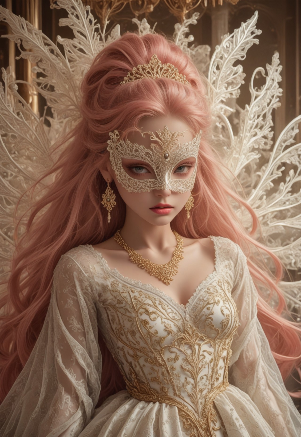 safe_pos, pmg style, score_9, score_8_up, score_7_up, score_6_up, 
pink hair, ((very long hair:1.4)), ((white puppet:1.2)), ((white lace mask:1.3)), gold pattern mask, (slender:1.2), glowing transparent wings, wings on back, huge fractal patterned wings, slender, beautiful breasts, white shining dress, see-through shawl, fancy shawl, full of gold ornaments dress, tiara, extravagant jeweled necklace, crazy extravagant, excessive glittering decorations on dress, complicated patterned dress, flowers, long earrings, glitters on dress, jewelry, layered dress, complicated patterned dress, excessive extravagant ornaments, 